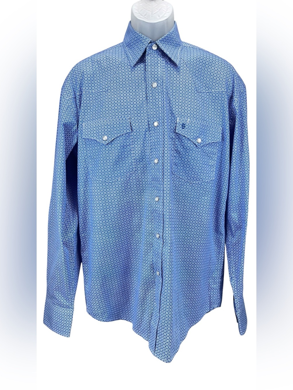 Stetson Men’s M Blue Geometric Western Pearl Snap Long Sleeve Shirt 100% Cotton